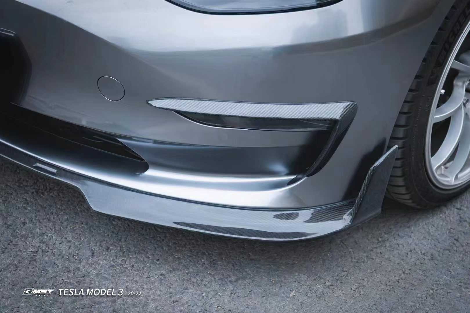 Tesla Model 3 Performance Long Range Standard Base 2017-2023 with Aftermarket Parts - V5 Style Front Lip Splitter Carbon Fiber / FRP from CMST Tuning