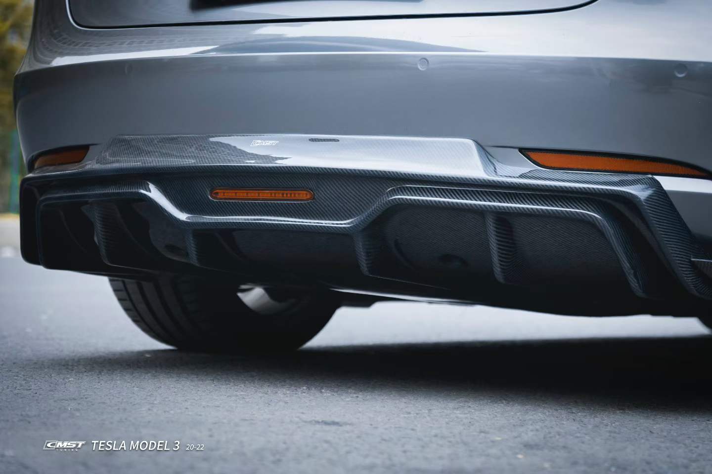 Tesla Model 3 Performance Long Range Standard Base 2017-2023 with Aftermarket Parts - V5 Style Rear Diffuser & Canards Carbon Fiber / FRP from CMST Tuning