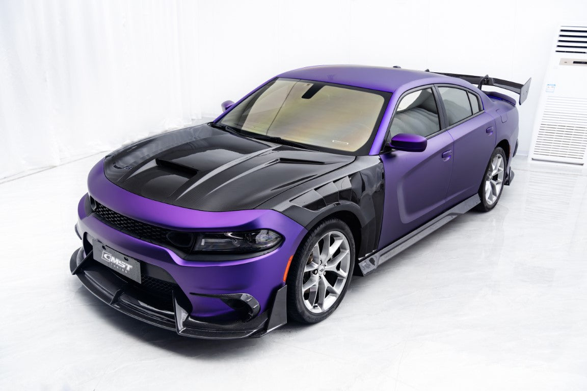 Dodge Charger 2015 2016 2017 2018 2019 2020 2021 2022 2023 with Aftermarket Parts - V1 Style Hood Bonnet Carbon Fiber from CMST Tuning