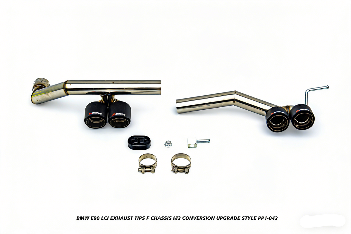 BMW 3 Series E90 LCI 2009 2010 2011 with Aftermarket Parts - F Chassis M3 Conversion Upgrade Style Exhaust Tips Stainless Steel from DuPont Tech
