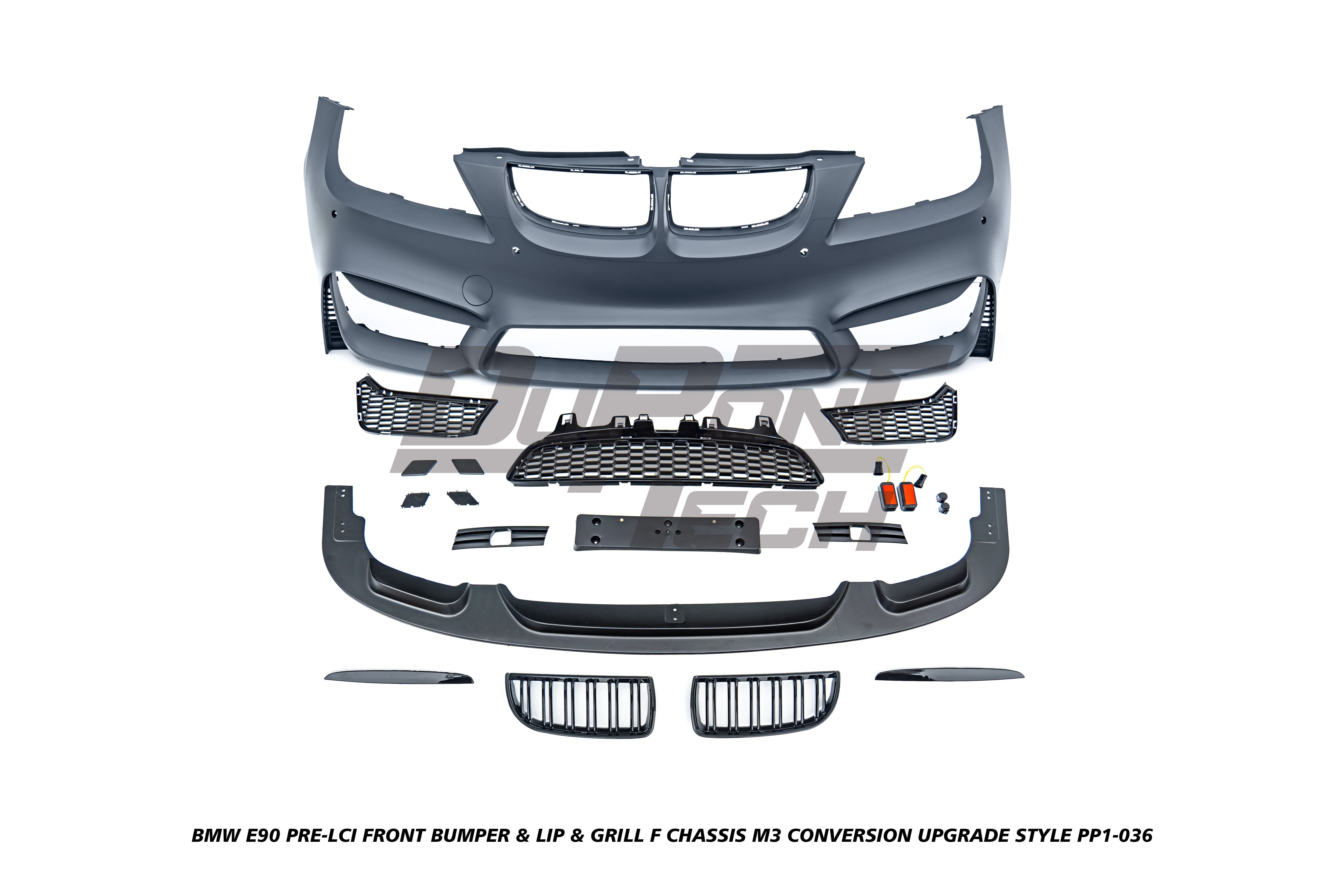 BMW 3 Series E90 Pre-LCI 2006 2007 2008 with Aftermarket Parts - F Chassis M3 Conversion Upgrade Style Front Bumper & Lip & Grill PP Polypropylene from DuPont Tech
