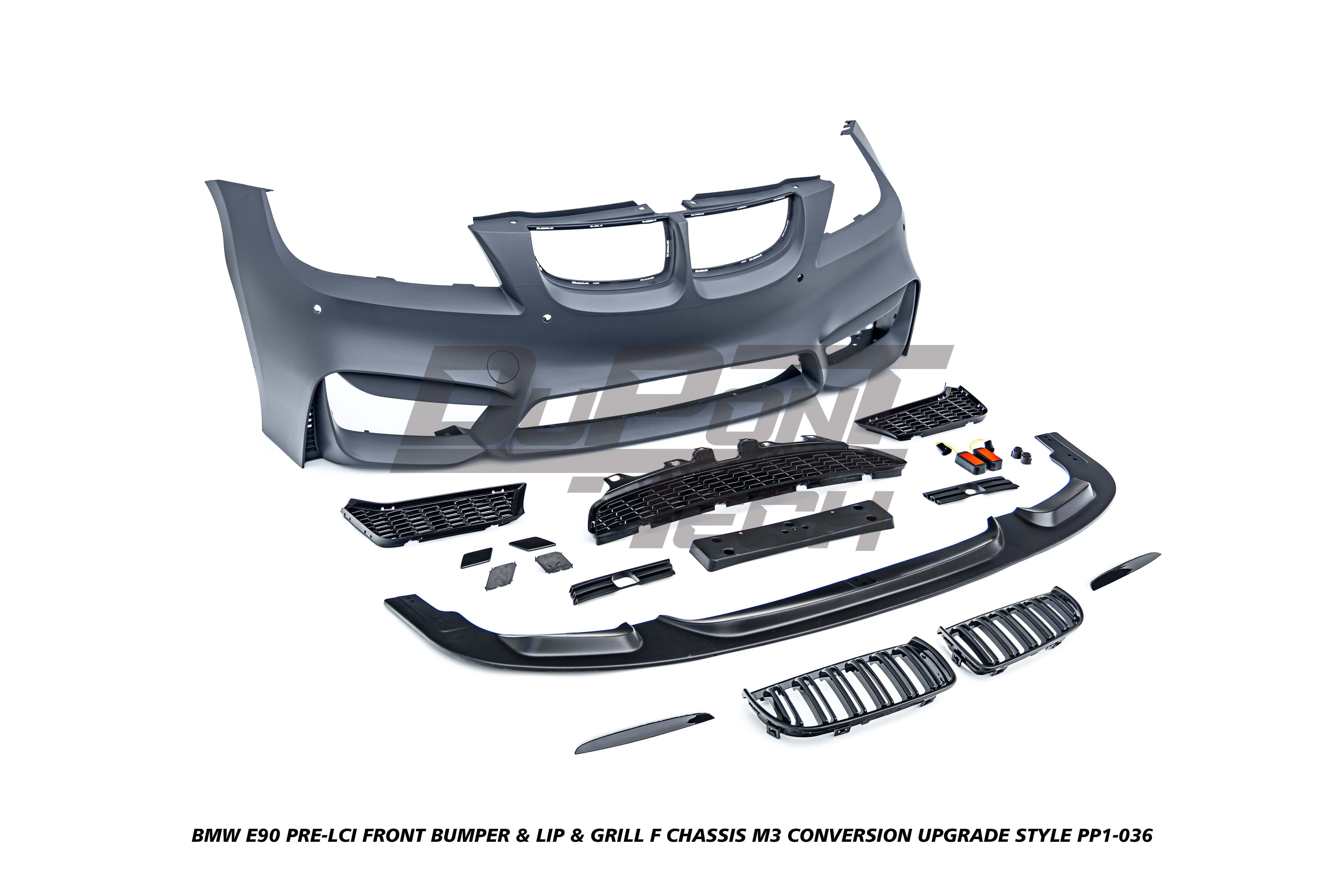 BMW 3 Series E90 Pre-LCI 2006 2007 2008 with Aftermarket Parts - F Chassis M3 Conversion Upgrade Style Front Bumper & Lip & Grill PP Polypropylene from DuPont Tech
