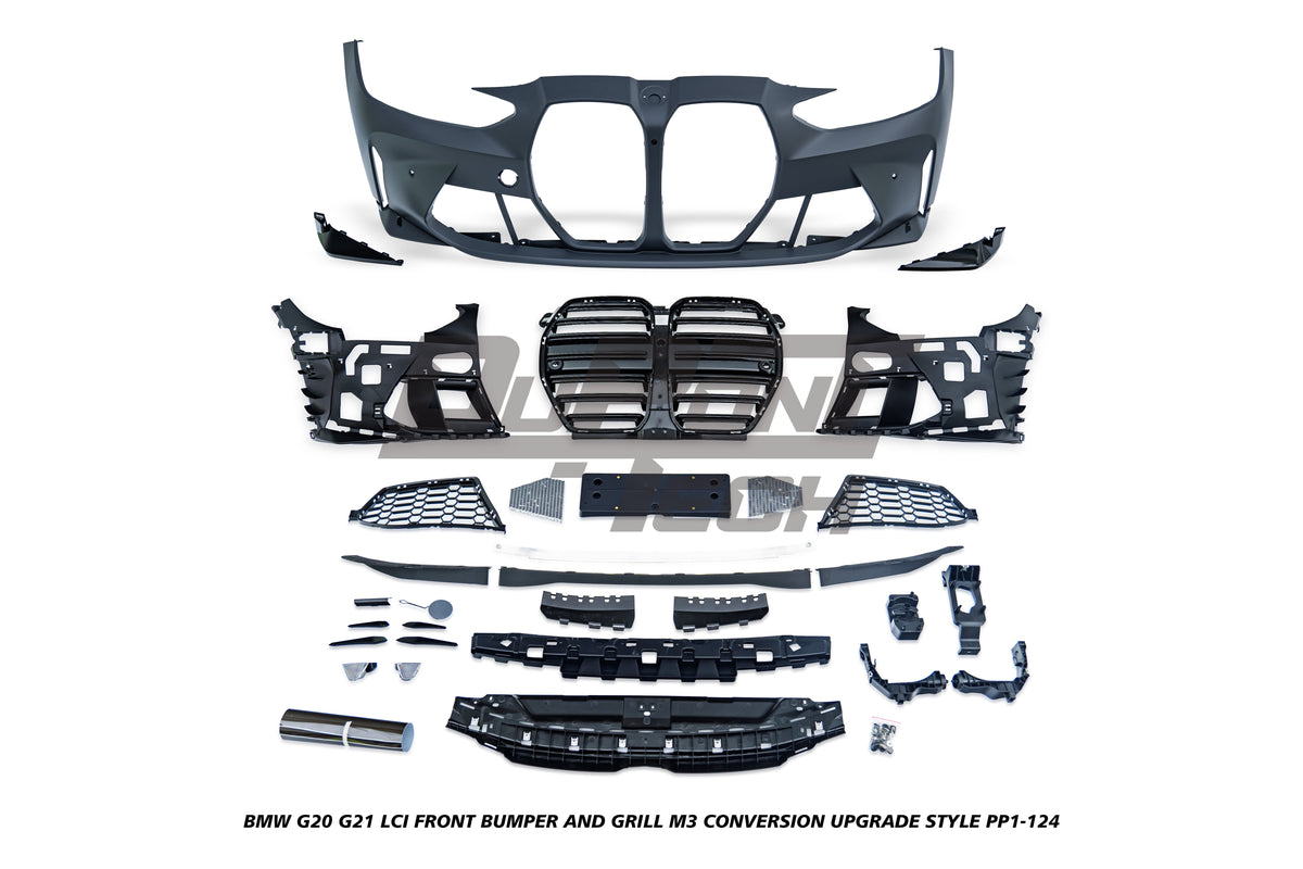 BMW 3 Series M340i 330i 320i G20 G21 LCI 2023-ON with Aftermarket Parts - M3 Conversion Upgrade Style Front Bumper and Grill PP Polypropylene/ABS from DuPont Tech
