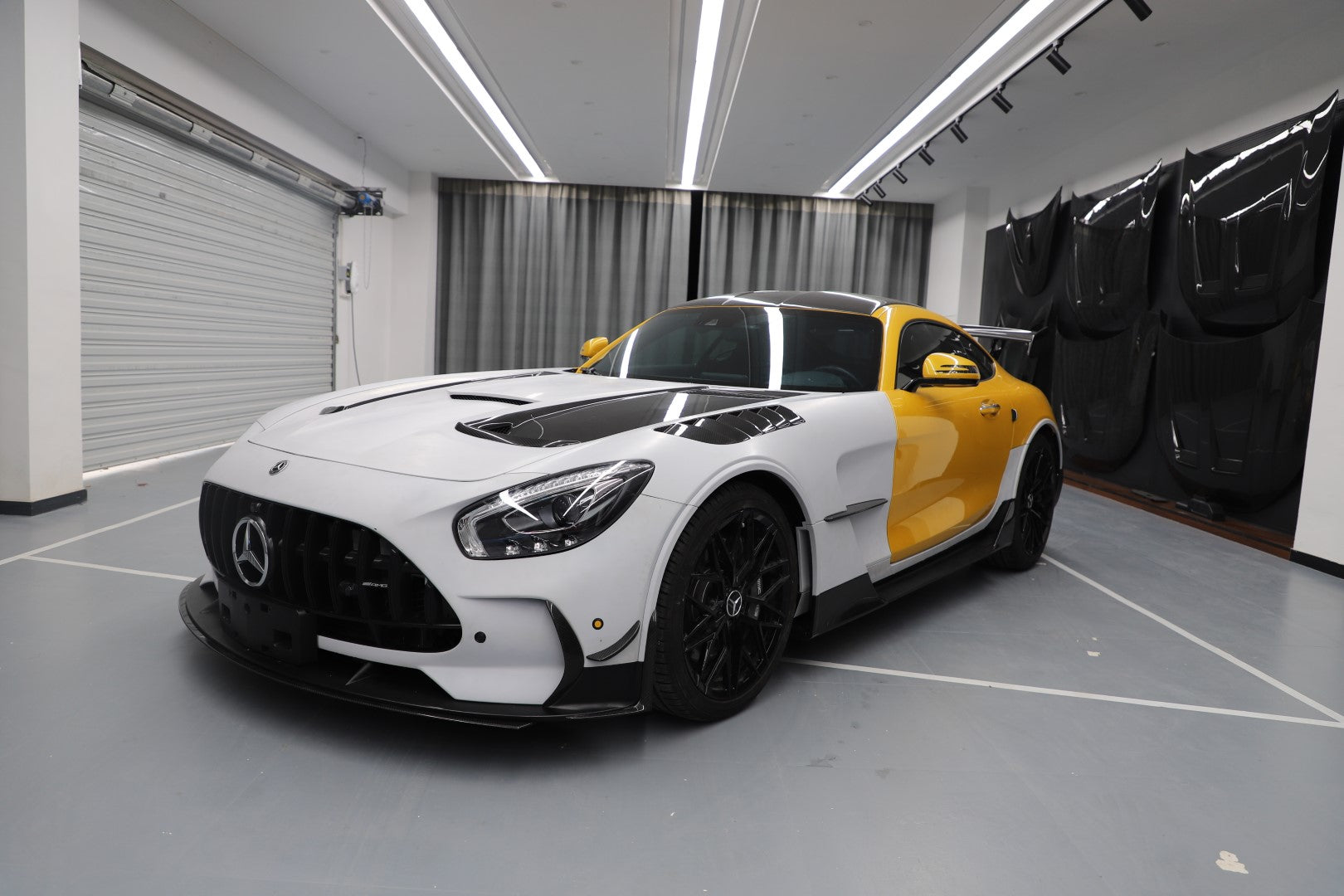 Mercedes Benz AMG GT GTS GTC GTR Pro C190 2016-2021 with DuPont Tech's Aftermarket Parts - Front Bumper Canards Black Series Conversion Style Dry Pre-preg Carbon Fiber. A complete transformation of style and performance.