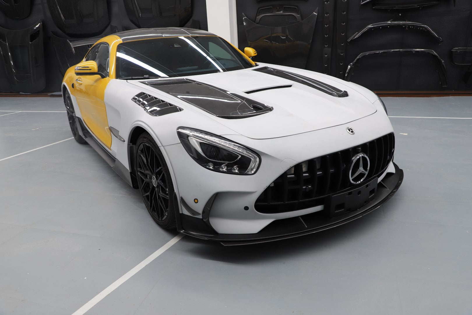Mercedes Benz AMG GT GTS GTC GTR Pro C190 2016-2021 with DuPont Tech's Aftermarket Parts - Front Bumper Canards Black Series Conversion Style Dry Pre-preg Carbon Fiber. A complete transformation of style and performance.