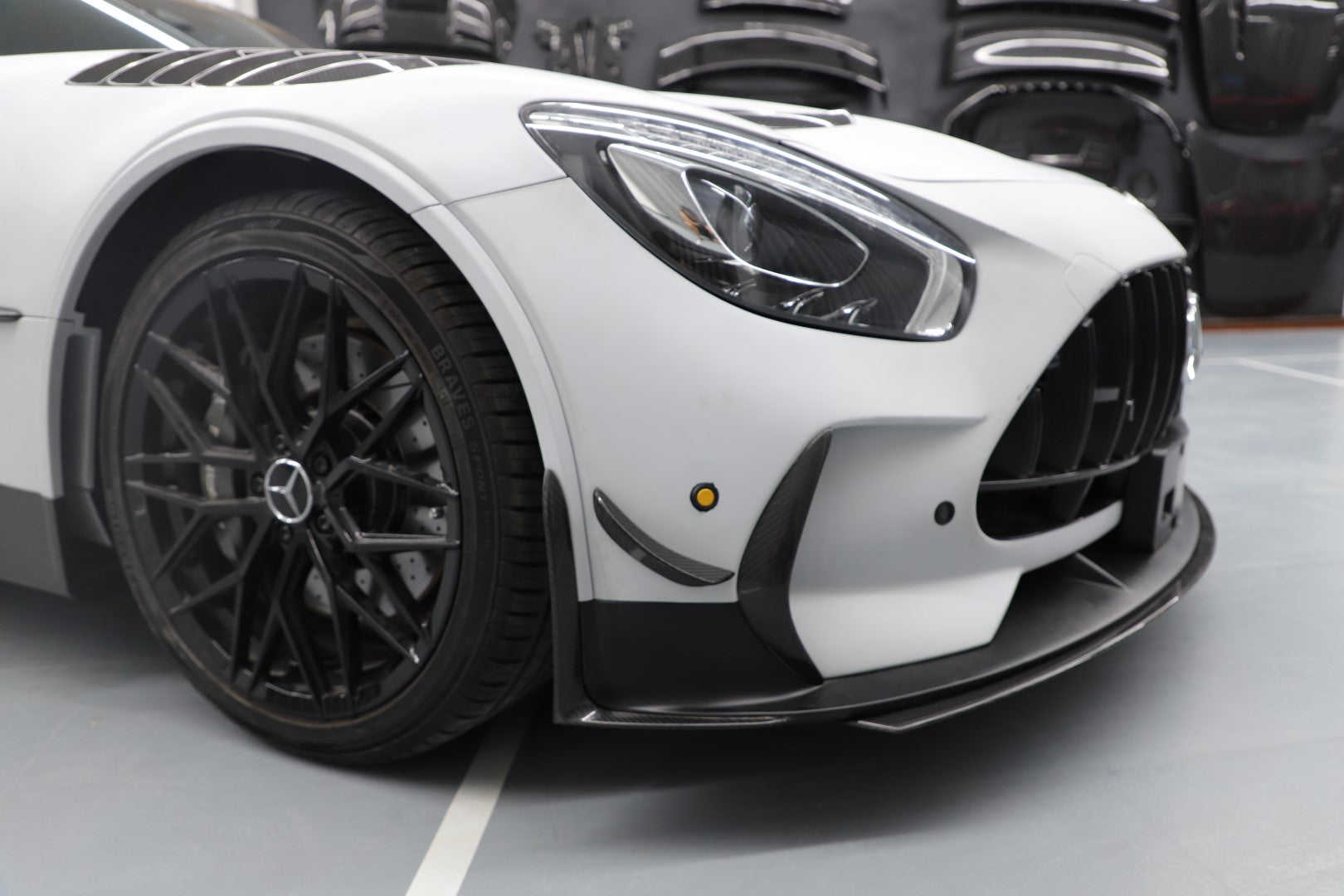 Mercedes Benz AMG GT GTS GTC GTR Pro C190 2016-2021 with DuPont Tech's Aftermarket Parts - Front Bumper Canards Black Series Conversion Style Dry Pre-preg Carbon Fiber. A complete transformation of style and performance.