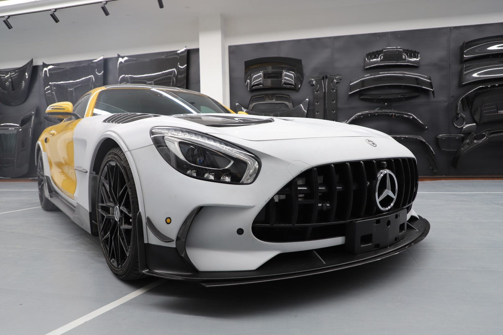Mercedes Benz AMG GT GTS GTC GTR Pro C190 2016-2021 with DuPont Tech's Aftermarket Parts - Front Bumper Canards Black Series Conversion Style Dry Pre-preg Carbon Fiber. A complete transformation of style and performance.