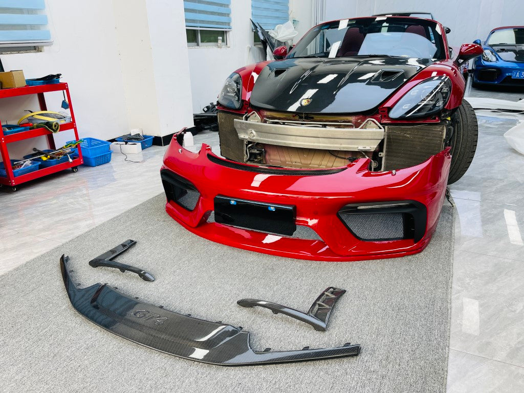 Porsche 718 982 Cayman & Boxster (Base / T / S / GTS / GT4 / Spyder) 2017 2018 2019 2020 2021 2022 2023 2024 2025 with Aftermarket Parts - GT4RS Conversion Style PP Front Bumper & Lip & Valances (with & without GT4 Logo) PP Polypropylene / Dry Pre-preg Carbon Fiber from Dupont Tech