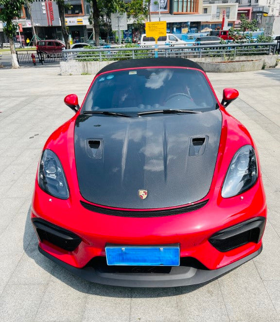 Porsche 718 982 Cayman & Boxster (Base / T / S / GTS / GT4 / Spyder) 2017 2018 2019 2020 2021 2022 2023 2024 2025 with Aftermarket Parts - GT4RS Conversion Style PP Front Bumper & Lip & Valances (with & without GT4 Logo) PP Polypropylene / Dry Pre-preg Carbon Fiber from Dupont Tech