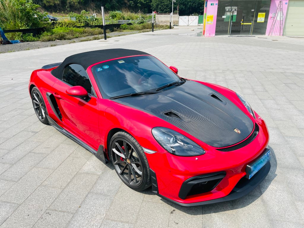 Porsche 718 982 Cayman & Boxster (Base / T / S / GTS / GT4 / Spyder) 2017 2018 2019 2020 2021 2022 2023 2024 2025 with Aftermarket Parts - GT4RS Conversion Style PP Front Bumper & Lip & Valances (with & without GT4 Logo) PP Polypropylene / Dry Pre-preg Carbon Fiber from Dupont Tech