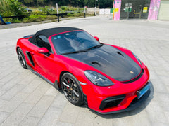 Porsche 718 982 Cayman & Boxster (Base / T / S / GTS / GT4 / Spyder) 2017 2018 2019 2020 2021 2022 2023 2024 2025 with Aftermarket Parts - GT4RS Conversion Style PP Front Bumper & Lip & Valances (with & without GT4 Logo) PP Polypropylene / Dry Pre-preg Carbon Fiber from Dupont Tech