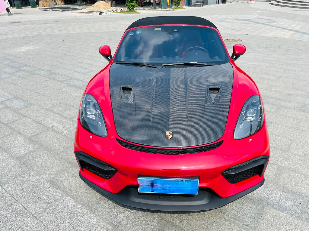 Porsche 718 982 Cayman & Boxster (Base / T / S / GTS / GT4 / Spyder) 2017 2018 2019 2020 2021 2022 2023 2024 2025 with Aftermarket Parts - GT4RS Conversion Style PP Front Bumper & Lip & Valances (with & without GT4 Logo) PP Polypropylene / Dry Pre-preg Carbon Fiber from Dupont Tech