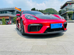 Porsche 718 982 Cayman & Boxster (Base / T / S / GTS / GT4 / Spyder) 2017 2018 2019 2020 2021 2022 2023 2024 2025 with Aftermarket Parts - GT4RS Conversion Style PP Front Bumper & Lip & Valances (with & without GT4 Logo) PP Polypropylene / Dry Pre-preg Carbon Fiber from Dupont Tech