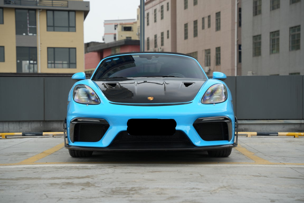 Porsche 718 982 Cayman & Boxster (Base / T / S / GTS / GT4 / Spyder) 2017 2018 2019 2020 2021 2022 2023 2024 2025 with Aftermarket Parts - GT4RS Conversion Style PP Front Bumper & Trims (with & without GT4RS Logo) PP Polypropylene / Dry Pre-preg Carbon Fiber from Dupont Tech