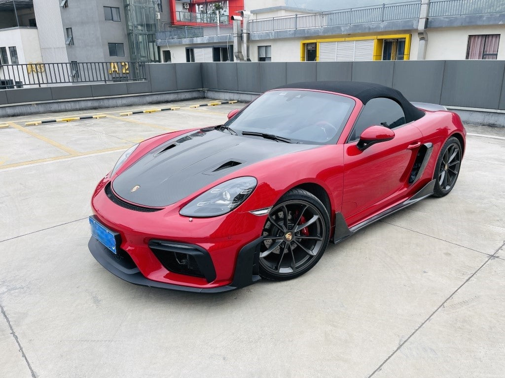 Porsche 718 982 Cayman &amp; Boxster (Base / T / S / GTS / GT4 / Spyder) 2017 2018 2019 2020 2021 2022 2023 2024 2025 with Aftermarket Parts - Spyder Conversion Style Front Bumper &amp; Trims (with &amp; without GT4RS Logo) PP Polypropylene / Dry Pre-preg Carbon Fiber from Dupont Tech