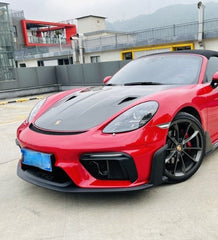 Porsche 718 982 Cayman &amp; Boxster (Base / T / S / GTS / GT4 / Spyder) 2017 2018 2019 2020 2021 2022 2023 2024 2025 with Aftermarket Parts - Spyder Conversion Style Front Bumper &amp; Trims (with &amp; without GT4RS Logo) PP Polypropylene / Dry Pre-preg Carbon Fiber from Dupont Tech