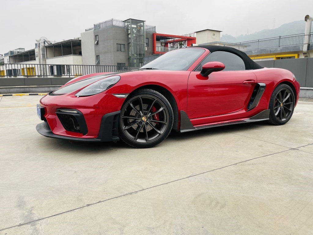 Porsche 718 982 Cayman &amp; Boxster (Base / T / S / GTS / GT4 / Spyder) 2017 2018 2019 2020 2021 2022 2023 2024 2025 with Aftermarket Parts - Spyder Conversion Style Front Bumper &amp; Trims (with &amp; without GT4RS Logo) PP Polypropylene / Dry Pre-preg Carbon Fiber from Dupont Tech