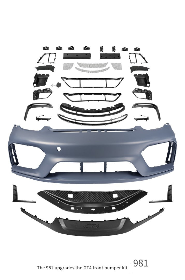 Porsche 981 Cayman & Boxster (all models, including Base / S / GTS / GT4 / Spyder) 2012 2013 2014 2015 2016 with Aftermarket Parts – GT4 Conversion Style Front Bumper & Trims (with & without GT4 Logo) PP Polypropylene / Dry Pre-preg Carbon Fiber from Dupont Tech