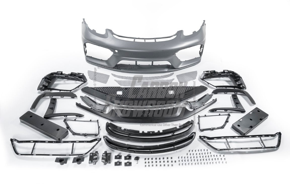Porsche 981 Cayman & Boxster (all models, including Base / S / GTS / GT4 / Spyder) 2012 2013 2014 2015 2016 with Aftermarket Parts – GT4 Conversion Style Front Bumper & Trims (with & without GT4 Logo) PP Polypropylene / Dry Pre-preg Carbon Fiber from Dupont Tech