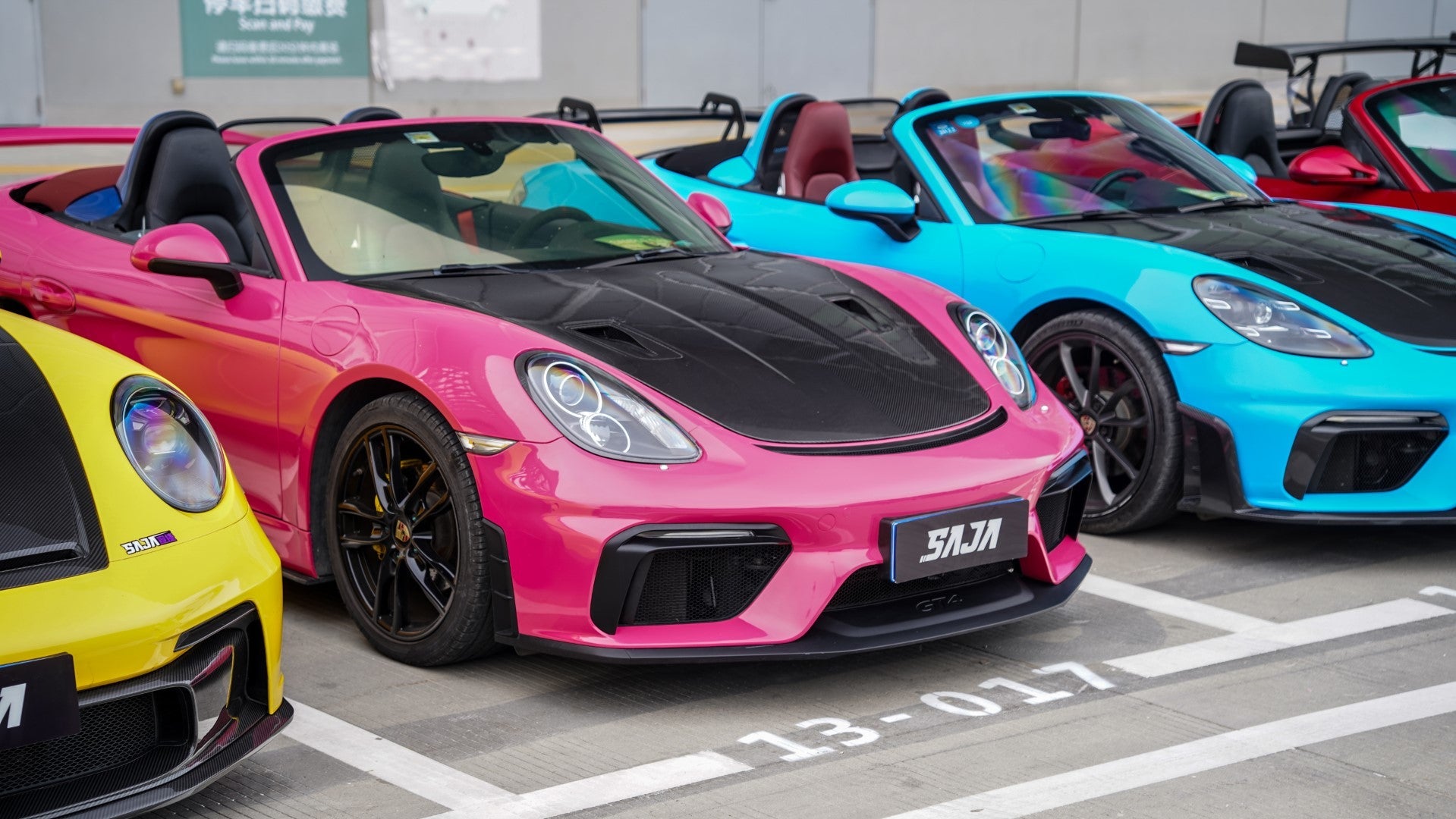 Porsche 981 Cayman & Boxster (all models, including Base / S / GTS / GT4 / Spyder) 2012 2013 2014 2015 2016 with Aftermarket Parts – GT4 Conversion Style Front Bumper & Trims (with & without GT4 Logo) PP Polypropylene / Dry Pre-preg Carbon Fiber from Dupont Tech