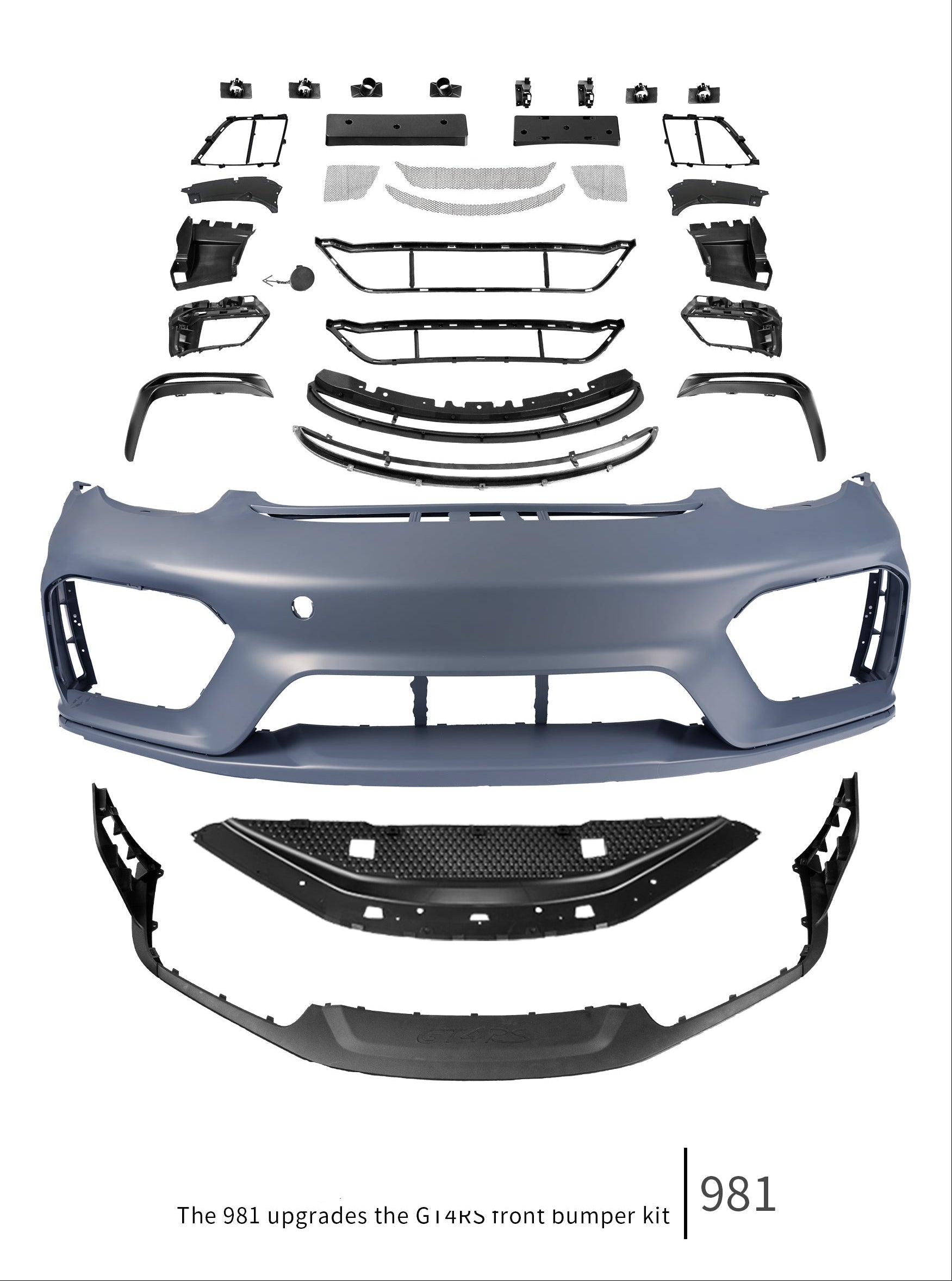 Porsche 981 Cayman & Boxster (all models, including Base / S / GTS / GT4 / Spyder) 2012 2013 2014 2015 2016 with Aftermarket Parts – GT4RS Conversion Style Front Bumper & Trims (with & without GT4RS Logo) PP Polypropylene / Dry Pre-preg Carbon Fiber from Dupont Tech