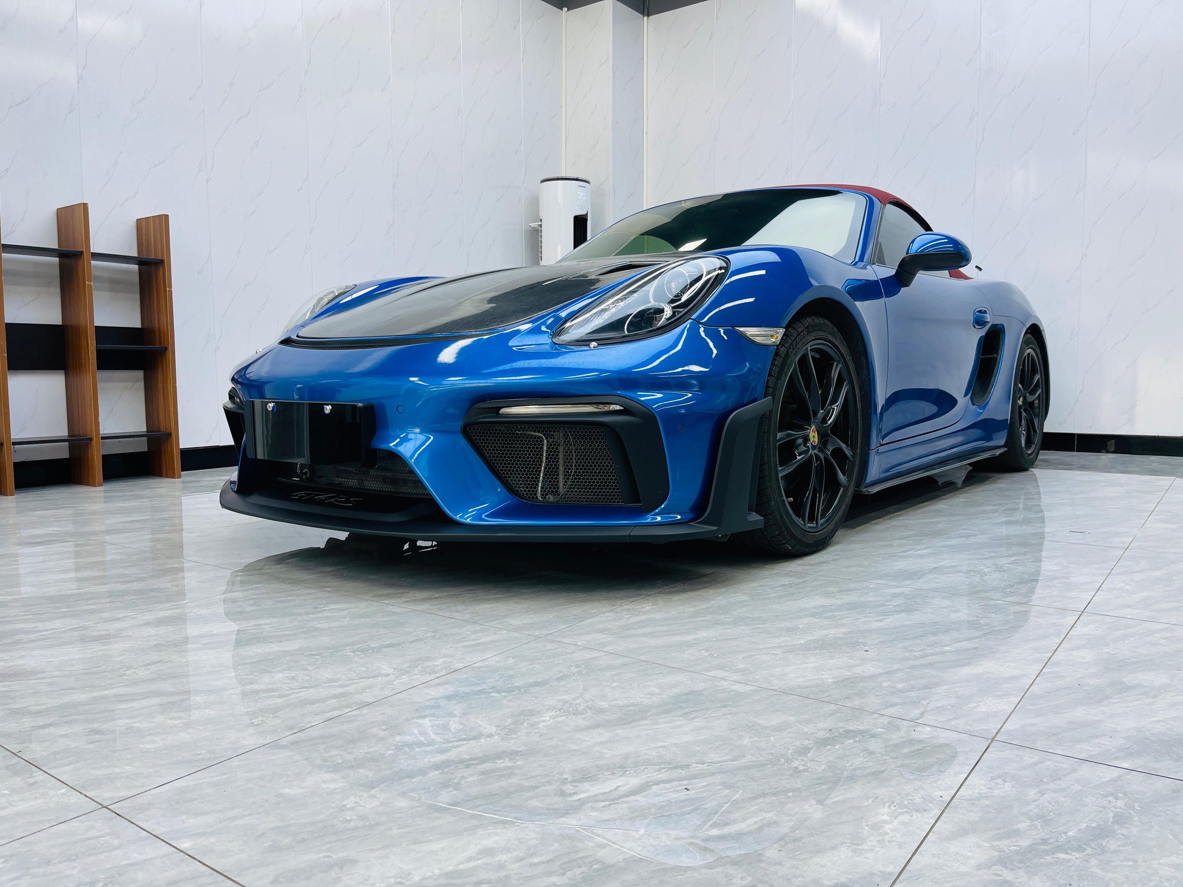 Porsche 981 Cayman & Boxster (all models, including Base / S / GTS / GT4 / Spyder) 2012 2013 2014 2015 2016 with Aftermarket Parts – GT4RS Conversion Style Front Bumper & Trims (with & without GT4RS Logo) PP Polypropylene / Dry Pre-preg Carbon Fiber from Dupont Tech