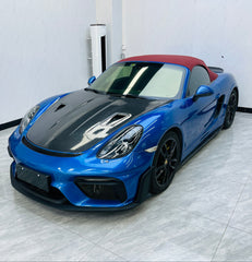 Porsche 981 Cayman & Boxster (all models, including Base / S / GTS / GT4 / Spyder) 2012 2013 2014 2015 2016 with Aftermarket Parts – GT4RS Conversion Style Front Bumper & Trims (with & without GT4RS Logo) PP Polypropylene / Dry Pre-preg Carbon Fiber from Dupont Tech