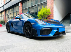 Porsche 981 Cayman & Boxster (all models, including Base / S / GTS / GT4 / Spyder) 2012 2013 2014 2015 2016 with Aftermarket Parts – GT4RS Conversion Style Front Bumper & Trims (with & without GT4RS Logo) PP Polypropylene / Dry Pre-preg Carbon Fiber from Dupont Tech