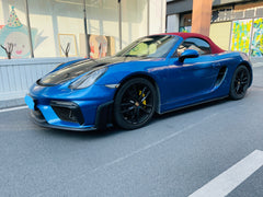 Porsche 981 Cayman & Boxster (all models, including Base / S / GTS / GT4 / Spyder) 2012 2013 2014 2015 2016 with Aftermarket Parts – GT4RS Conversion Style Front Bumper & Trims (with & without GT4RS Logo) PP Polypropylene / Dry Pre-preg Carbon Fiber from Dupont Tech