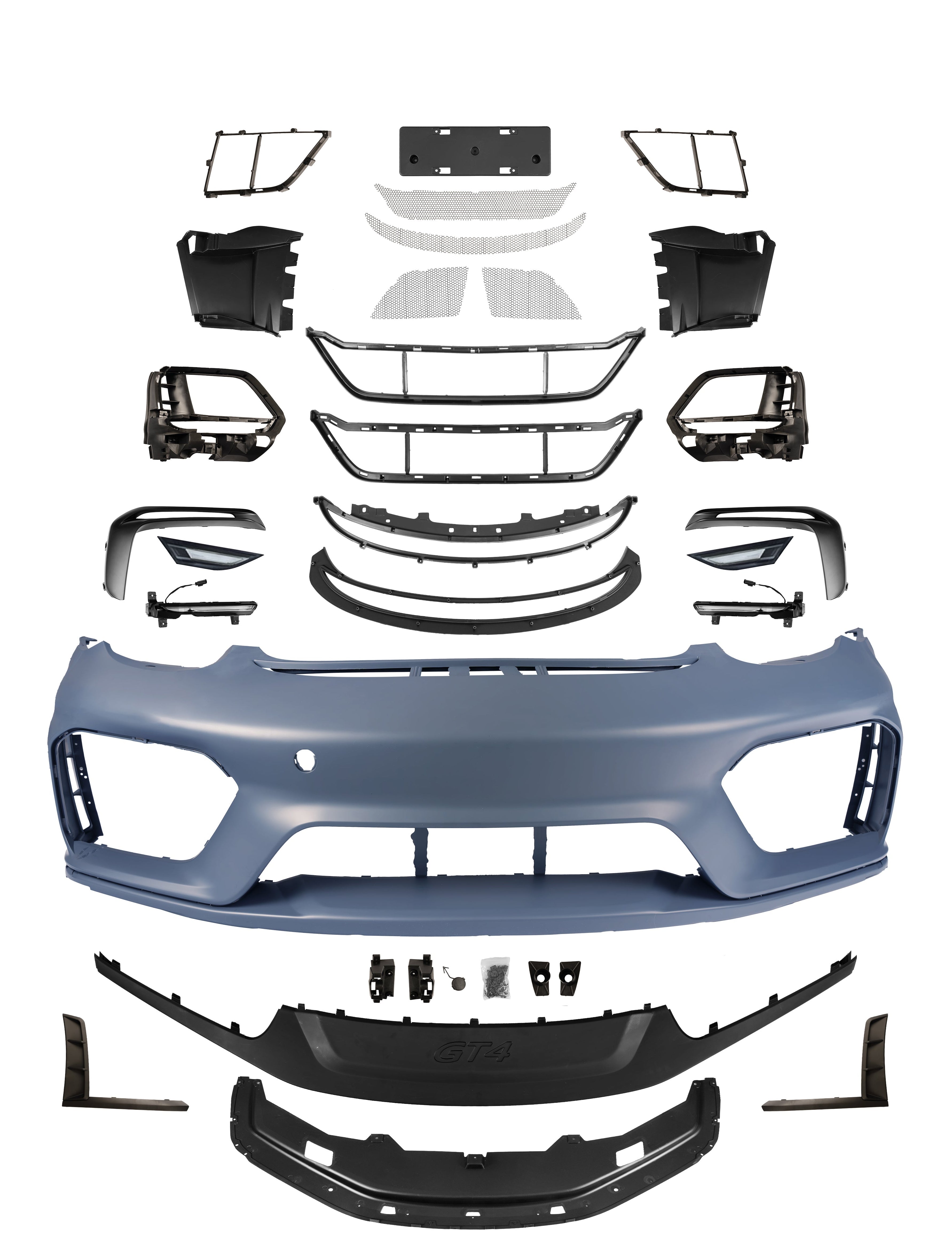 Porsche 987.1 987.2 Cayman & Boxster (all models, including Base / S / R) 2005 2006 2007 2008 2009 2010 2011 2012 with Aftermarket Parts – GT4 Conversion Style Front Bumper & Trims PP Polypropylene / Dry Pre-preg Carbon Fiber from Dupont Tech