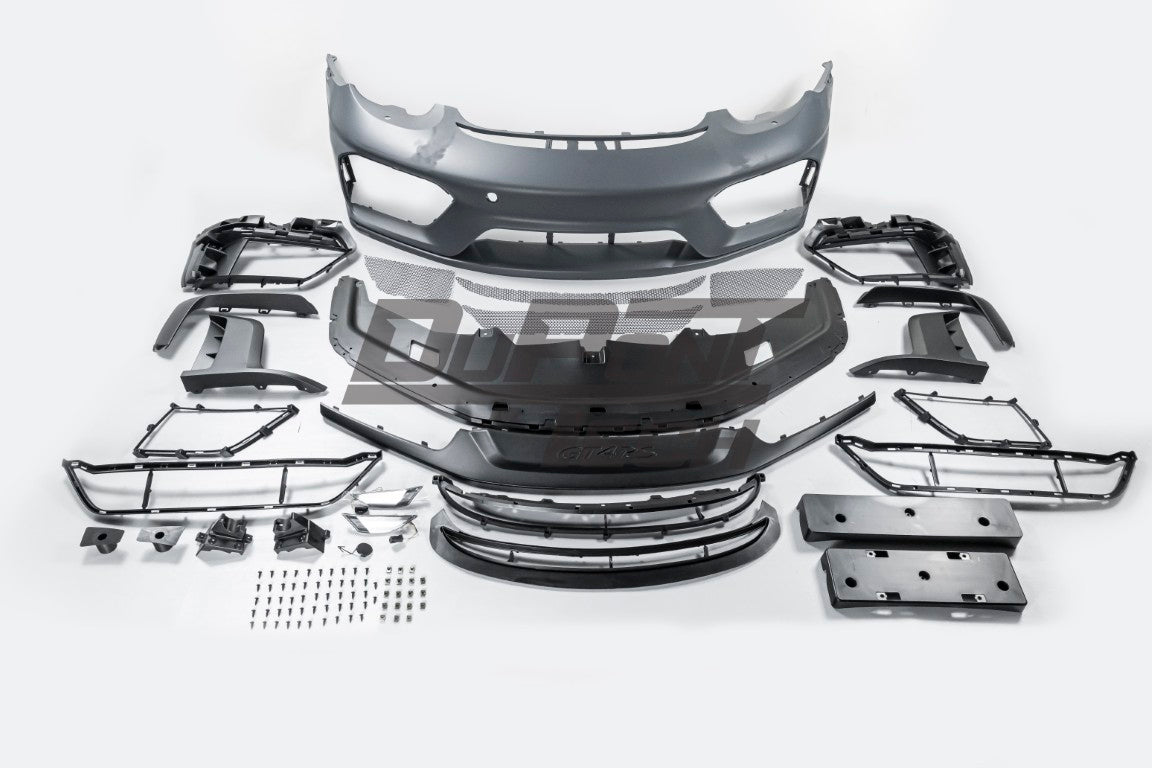 Porsche 987.1 987.2 Cayman & Boxster (all models, including Base / S / R) 2005 2006 2007 2008 2009 2010 2011 2012 with Aftermarket Parts – GT4RS Conversion Style Front Bumper & Trims PP Polypropylene / Dry Pre-preg Carbon Fiber from Dupont Tech