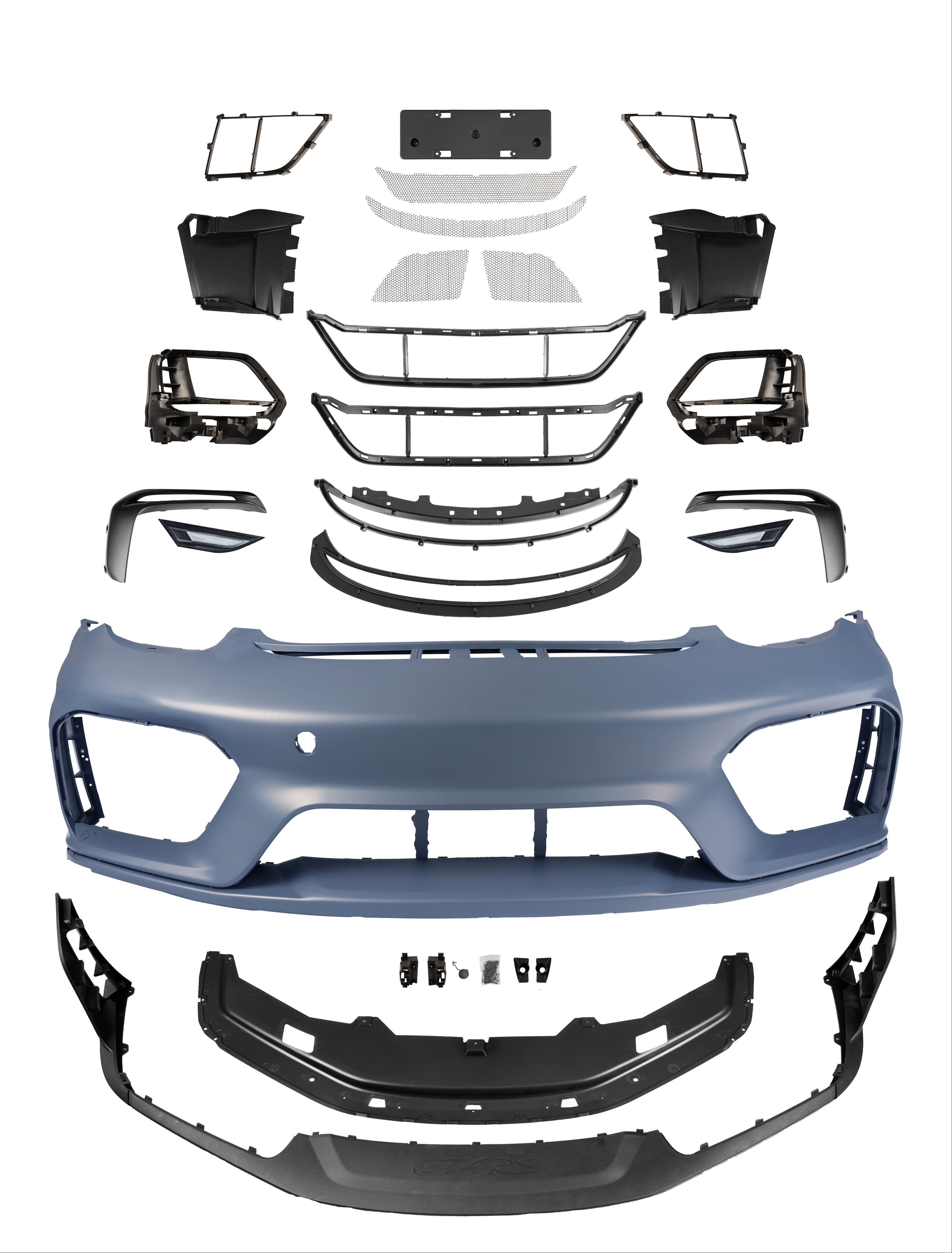Porsche 987.1 987.2 Cayman & Boxster (all models, including Base / S / R) 2005 2006 2007 2008 2009 2010 2011 2012 with Aftermarket Parts – GT4RS Conversion Style Front Bumper & Trims PP Polypropylene / Dry Pre-preg Carbon Fiber from Dupont Tech