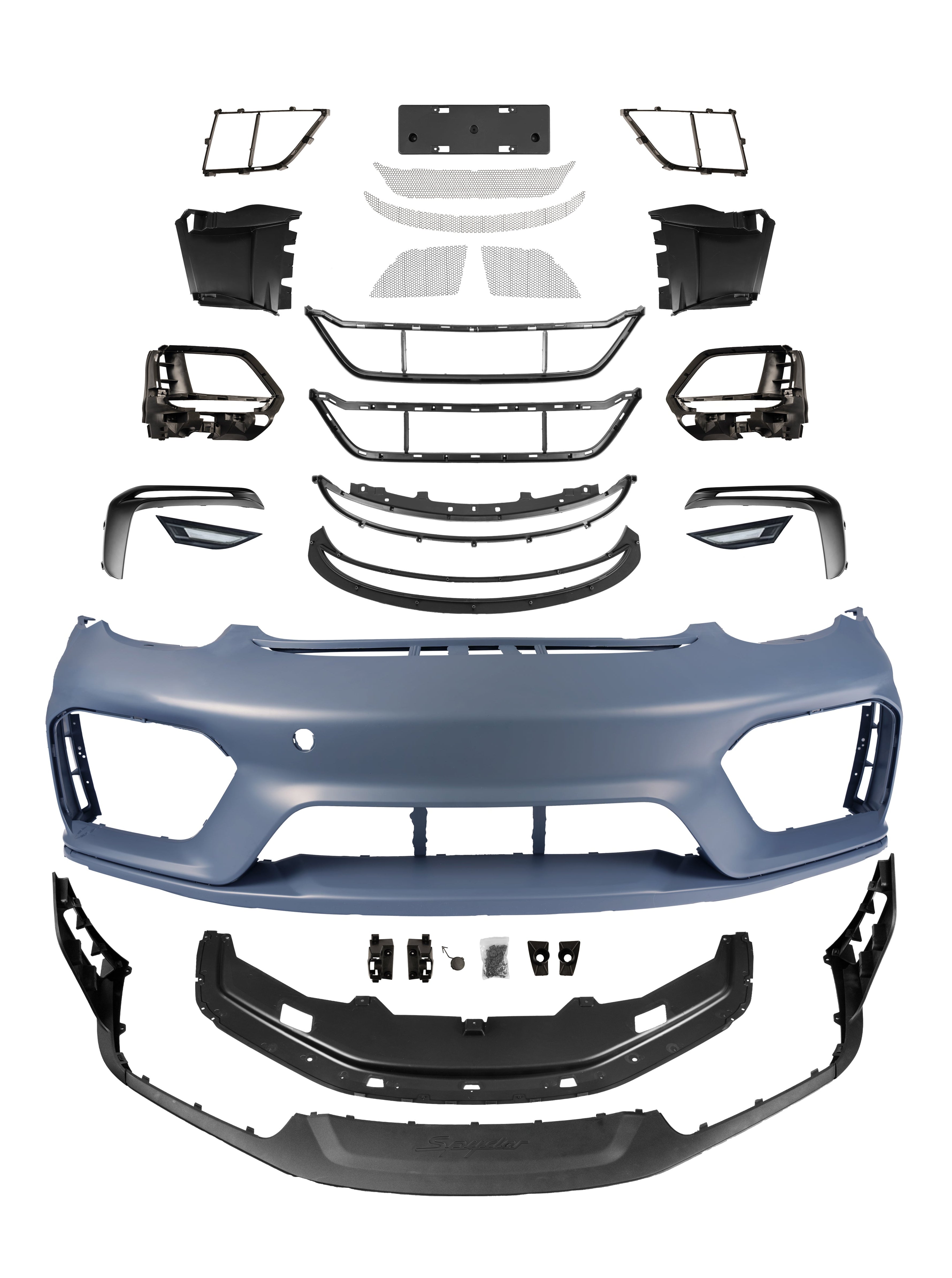 Porsche 987.1 987.2 Cayman & Boxster (all models, including Base / S / R) 2005 2006 2007 2008 2009 2010 2011 2012 with Aftermarket Parts – Spyder Conversion Style Front Bumper & Trims PP Polypropylene / Dry Pre-preg Carbon Fiber from Dupont Tech