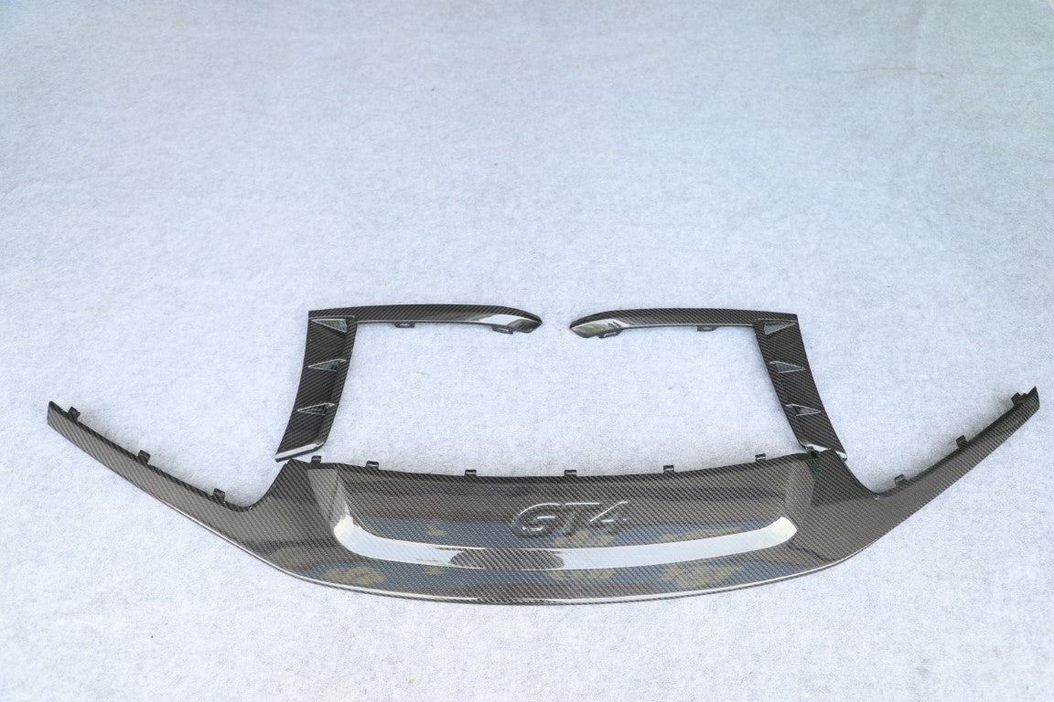 Porsche 987.1 987.2 Cayman & Boxster (all models, including Base / S / R) 2005 2006 2007 2008 2009 2010 2011 2012 & 718 982 981 Cayman & Boxster (all models, including Base / S / GTS / GT4 / Spyder) 2012-2025 (designed to be installed on DuPont Tech GT4 or Spyder conversion front bumper ONLY) with Aftermarket Parts - With GT4 Logo Front Lip & Corner Splitters Dry Pre-preg Carbon Fiber from DuPont Tech