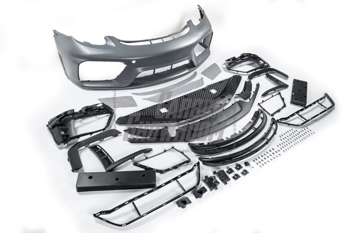 Porsche 981 Cayman & Boxster (all models, including Base / S / GTS / GT4 / Spyder) 2012 2013 2014 2015 2016 with Aftermarket Parts – GT4 Conversion Style Front Bumper & Trims (with & without GT4 Logo) PP Polypropylene / Dry Pre-preg Carbon Fiber from Dupont Tech
