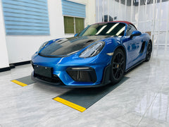 Porsche 981 Cayman & Boxster (all models, including Base / S / GTS / GT4 / Spyder) 2012 2013 2014 2015 2016 with Aftermarket Parts – GT4RS Conversion Style Front Bumper & Trims (with & without Spyder Logo) PP Polypropylene / Dry Pre-preg Carbon Fiber from Dupont Tech
