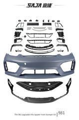 Porsche 981 Cayman & Boxster (all models, including Base / S / GTS / GT4 / Spyder) 2012 2013 2014 2015 2016 with Aftermarket Parts – GT4RS Conversion Style Front Bumper & Trims (with & without Spyder Logo) PP Polypropylene / Dry Pre-preg Carbon Fiber from Dupont Tech