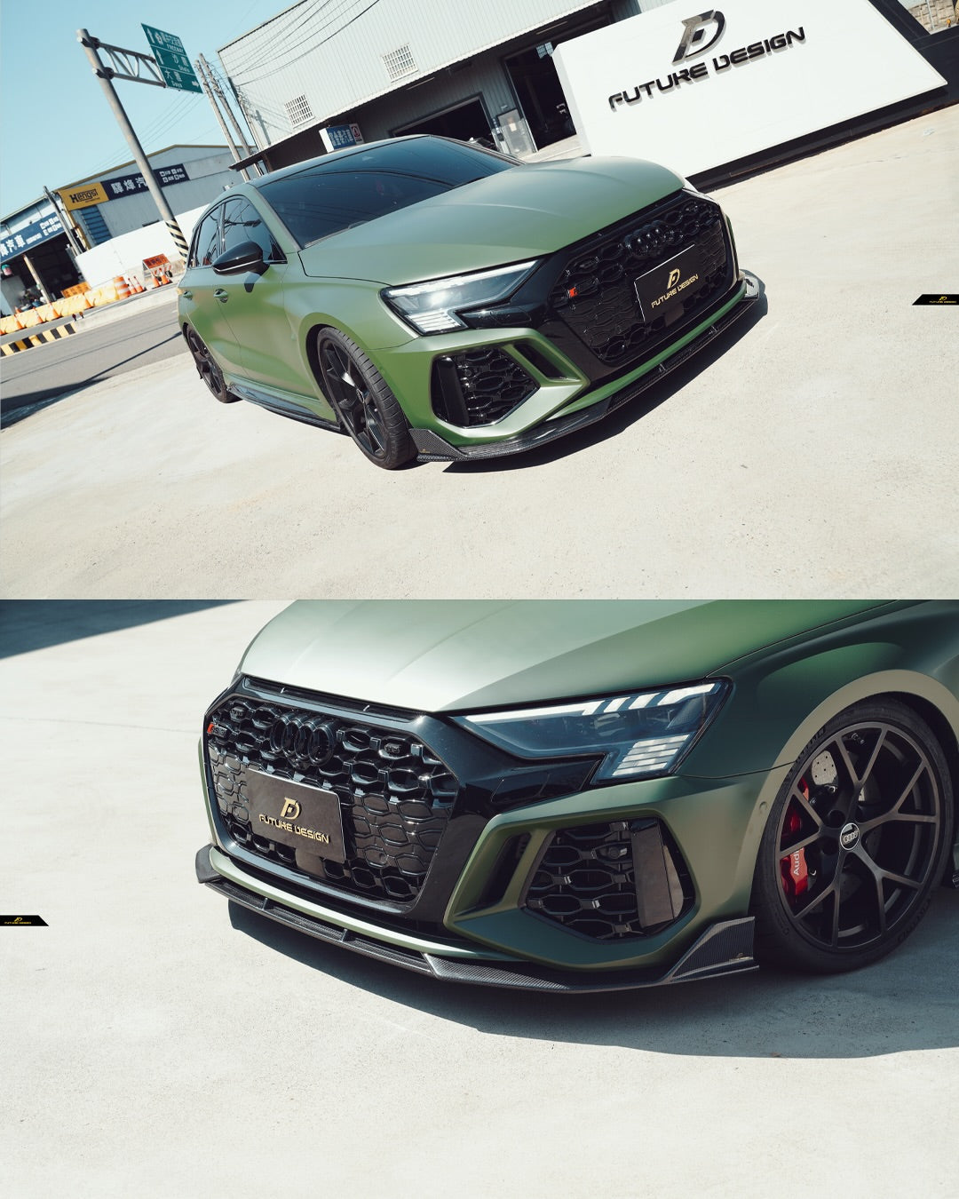 Audi RS3 8Y 2022 2023 2024 with Aftermarket Parts - V1 Front Lip Splitter Pre-preg Carbon Fiber from Future Design