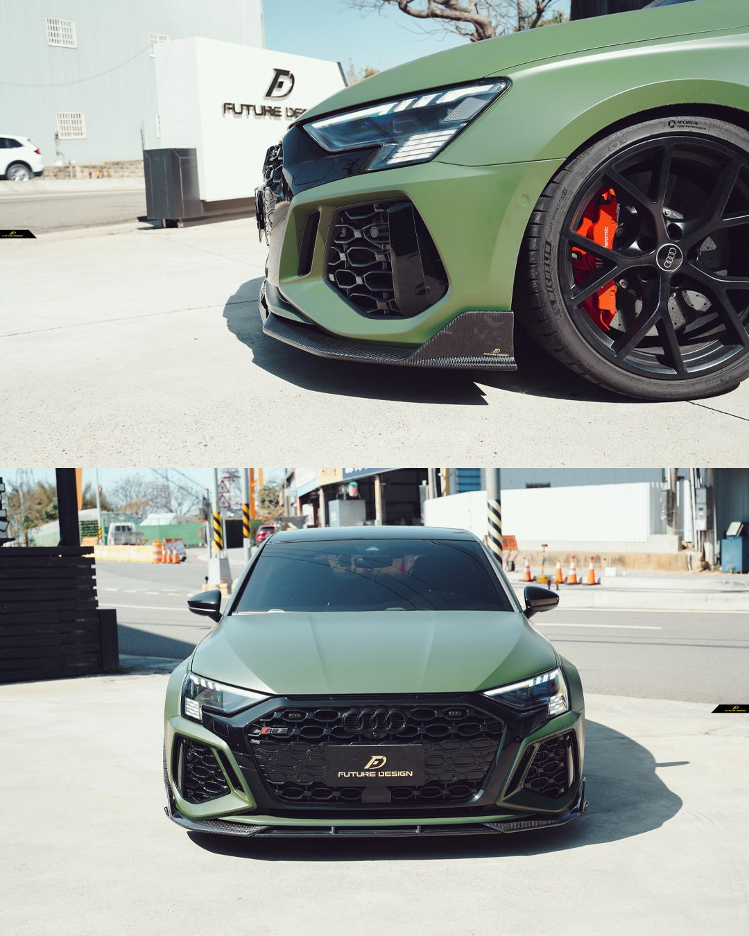 Audi RS3 8Y 2022 2023 2024 with Aftermarket Parts - V1 Front Lip Splitter Pre-preg Carbon Fiber from Future Design