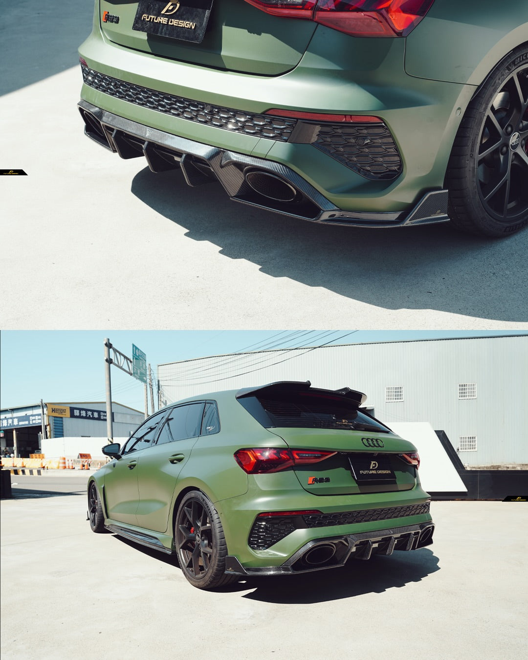 Audi RS3 8Y 2022 2023 2024 with Aftermarket Parts - V1 Rear Diffuser & Canards Pre-preg Carbon Fiber from Future Design