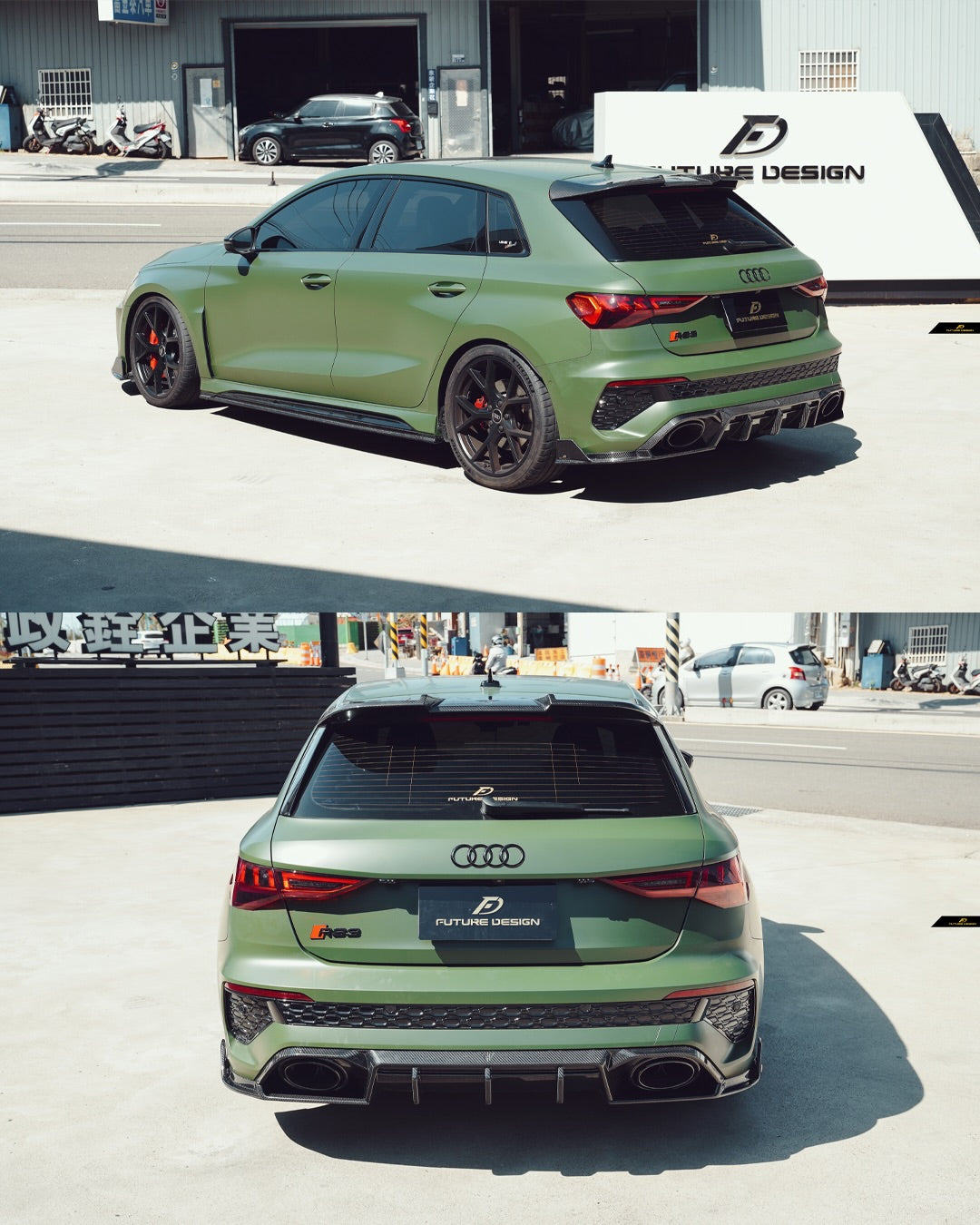 Audi RS3 8Y 2022 2023 2024 with Aftermarket Parts - V1 Rear Diffuser & Canards Pre-preg Carbon Fiber from Future Design