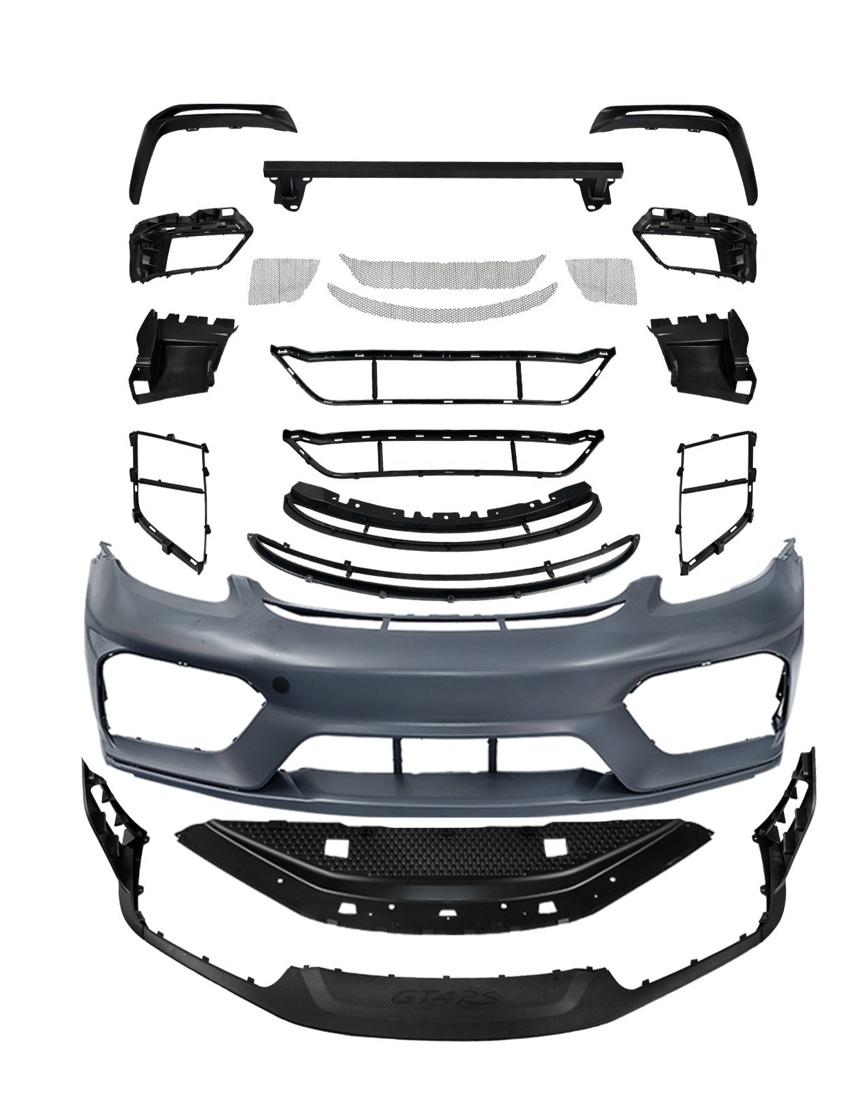 Porsche 718 982 Cayman & Boxster (Base / T / S / GTS / GT4 / Spyder) 2017 2018 2019 2020 2021 2022 2023 2024 2025 with Aftermarket Parts - GT4RS Conversion Style PP Front Bumper & Trims (with & without GT4RS Logo) PP Polypropylene / Dry Pre-preg Carbon Fiber from Dupont Tech
