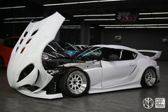 Toyota Supra MK5 A90 A91 3.0 2.0 2020-ON with Aftermarket Parts - Unicorn GT3 Clamshell Hood and Front Bumper & Steel Brackets and Cable for Clamshell Hood and Bumper Carbon Fiber/FRP/Steel from Geex Village