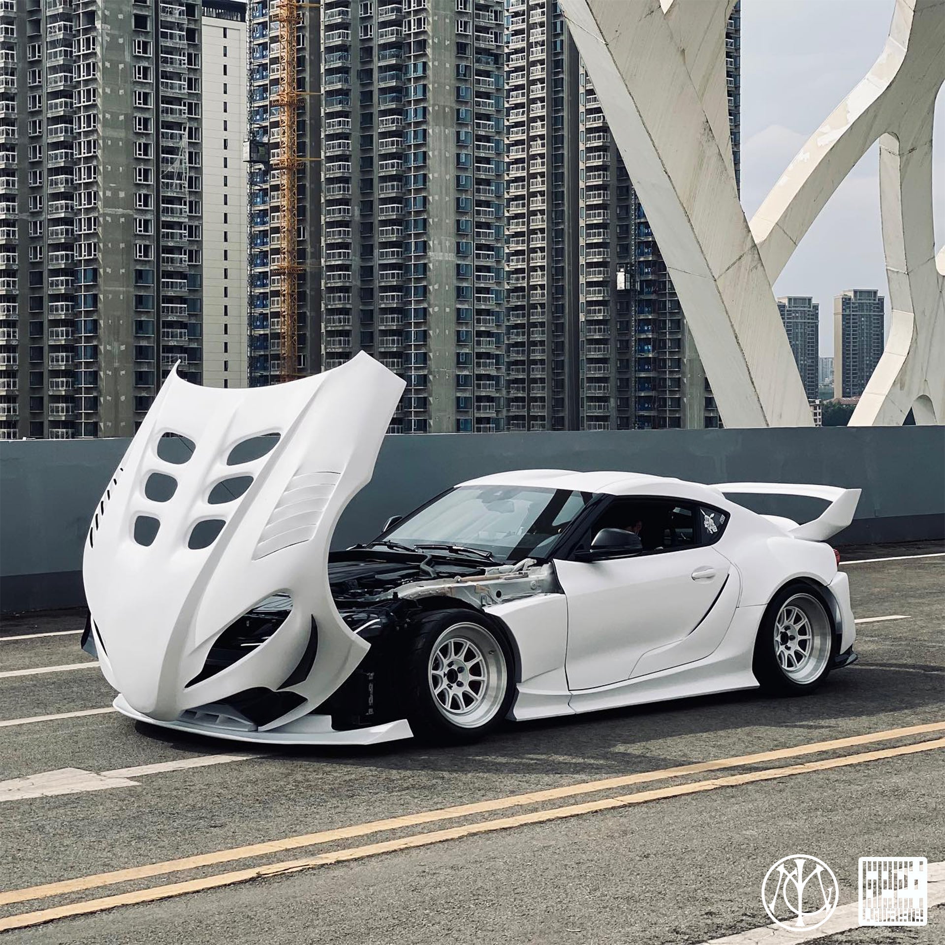 Toyota Supra MK5 A90 A91 3.0 2.0 2020-ON with Aftermarket Parts - Unicorn GT3 Clamshell Hood and Front Bumper & Steel Brackets and Cable for Clamshell Hood and Bumper Carbon Fiber/FRP/Steel from Geex Village
