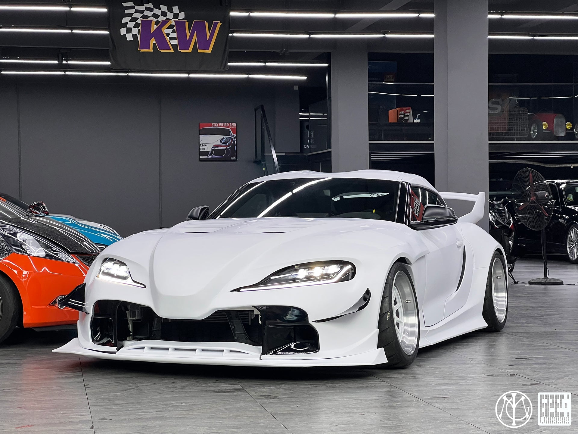 Toyota Supra MK5 A90 A91 3.0 2.0 2020-ON with Aftermarket Parts - Unicorn GT3 Clamshell Hood and Front Bumper & Steel Brackets and Cable for Clamshell Hood and Bumper Carbon Fiber/FRP/Steel from Geex Village