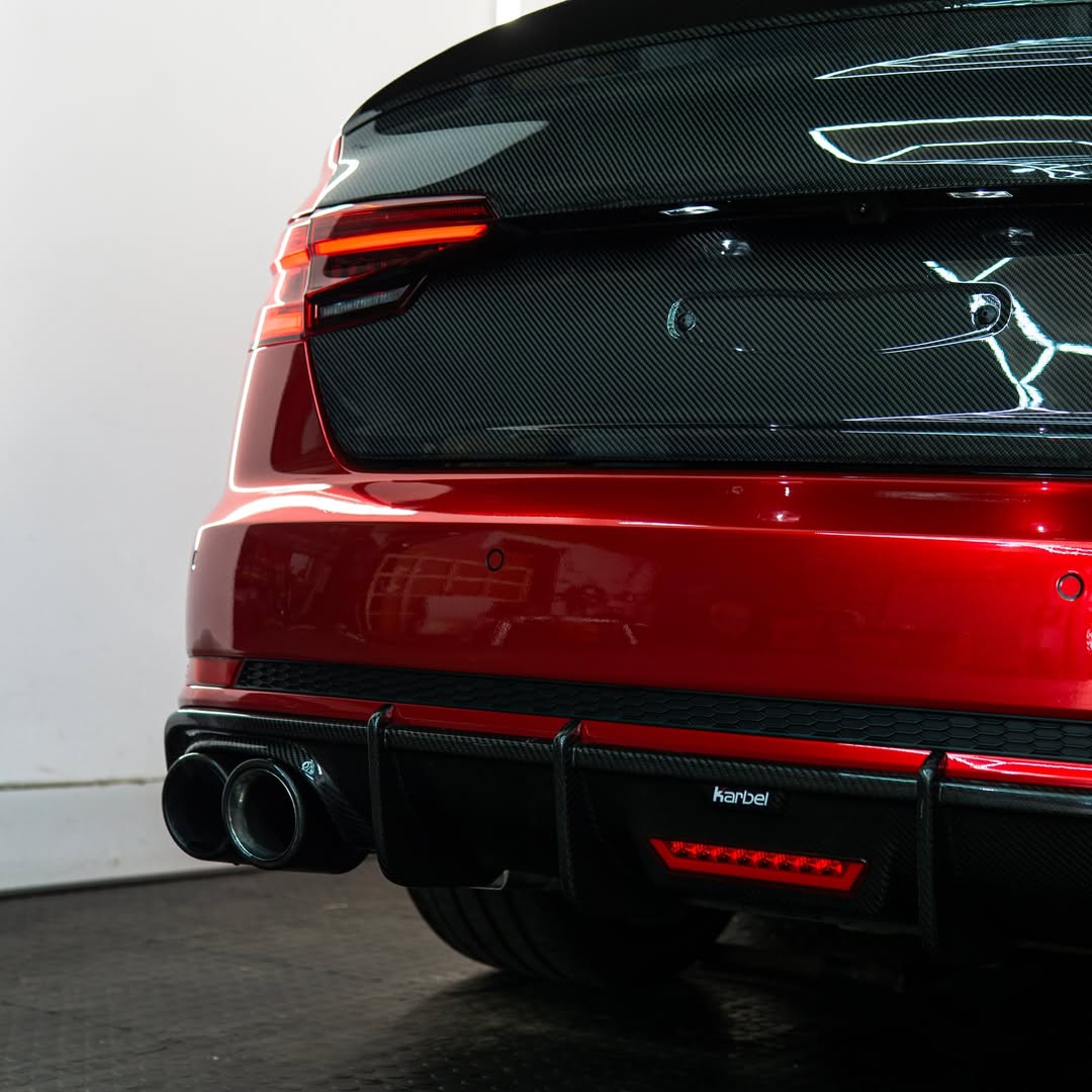 Audi S4 A4 (with S-line bumper, does not fit base model) B9 2017 2018 2019 with Aftermarket Parts - V1 (With LED Light) & V2 (Without LED Light) Style Rear Diffuser Pre-preg Carbon Fiber from Karbel Carbon