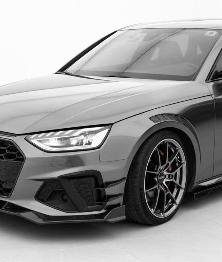 Audi S4 A4 S-line (with s-line bumper, does not fit base model) B9.5 2020 2021 2022 2023 2024 with Aftermarket Parts - V3 Front Canards Pre-preg Carbon Fiber from Karbel Carbon