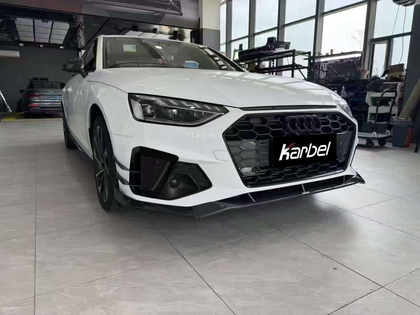 Audi S4 A4 S-line (with s-line bumper, does not fit base model) B9.5 2020 2021 2022 2023 2024 with Aftermarket Parts - V3 Front Canards Pre-preg Carbon Fiber from Karbel Carbon