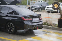 BMW 3 Series 330i (with M-package bumper, does not fit base model) M340i G20 G21 LCI 2023 2024 with Aftermarket Parts - V2 Style Diffuser & Canards Pre-preg Carbon Fiber from Karbel Carbon
