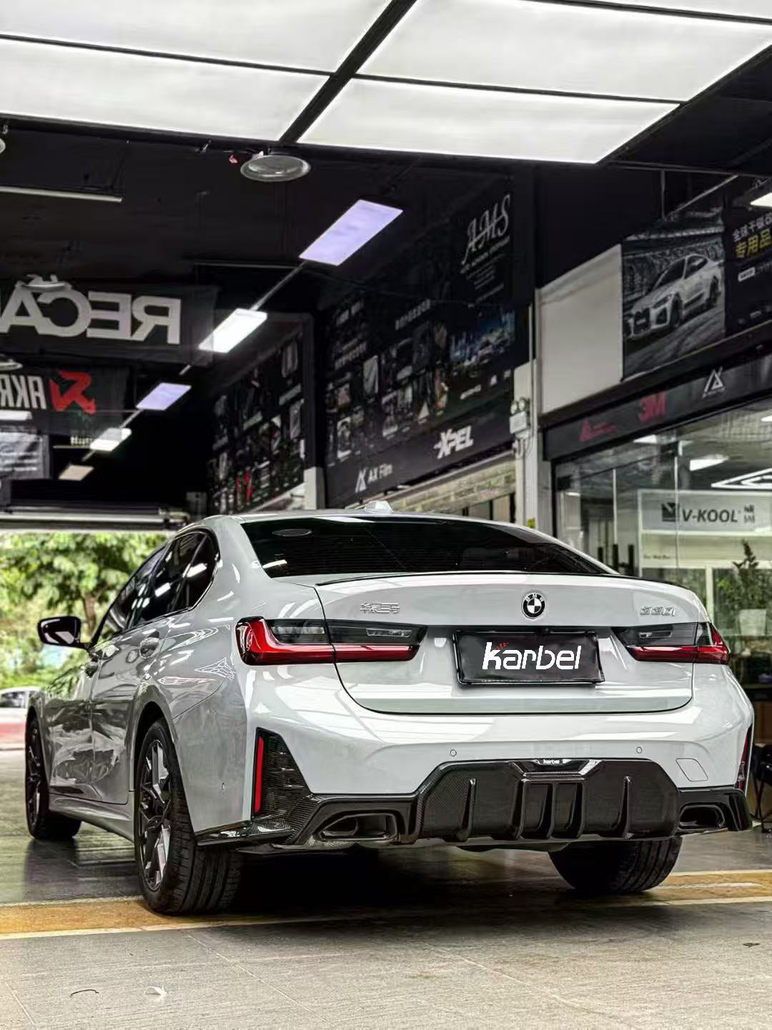 BMW 3 Series 330i (with M-package bumper, does not fit base model) M340i G20 G21 LCI 2023-ON with Aftermarket Parts - Rear Diffuser & Canards Pre-preg Carbon Fiber from Karbel Carbon